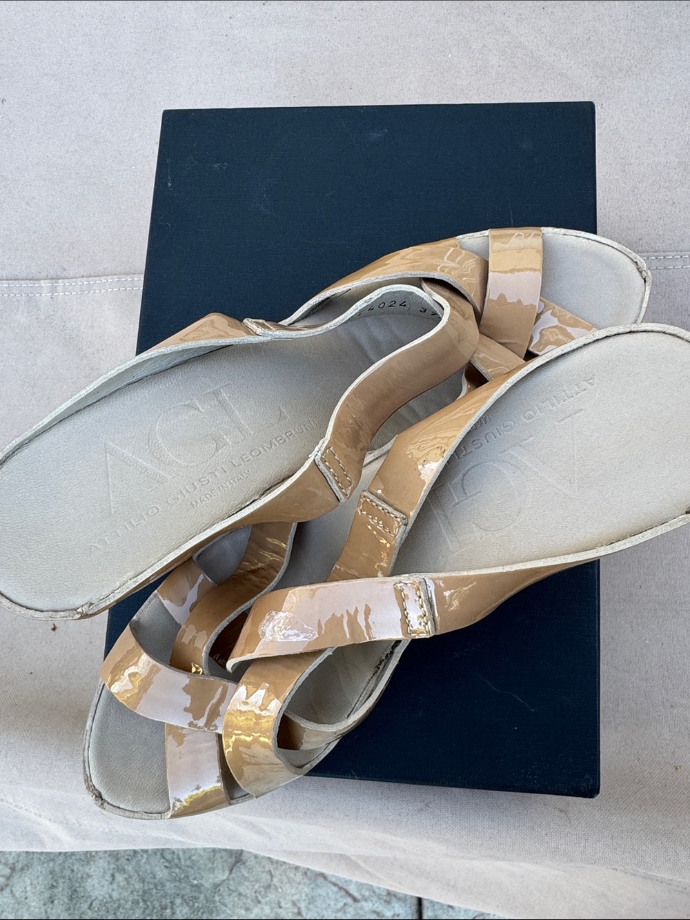 Attilio Giusti Leombruni Nude Patent Crisscross Slide Sandals